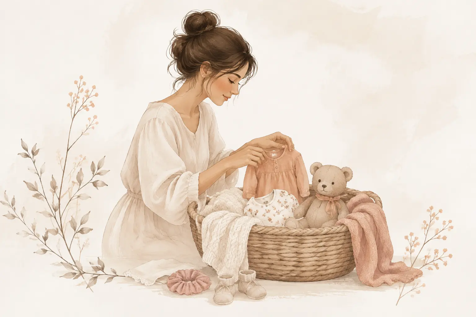 A mother thoughtfully arranging baby essentials