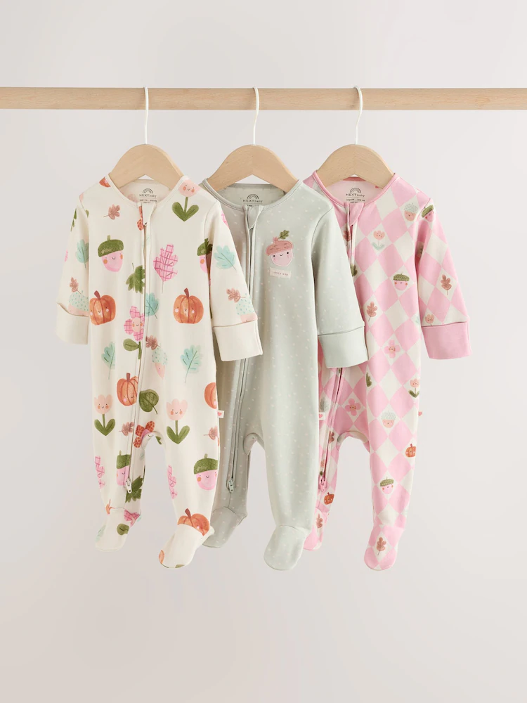 Sage Green Pumpkin Two-Way Zip Baby Sleepsuits 3 Pack