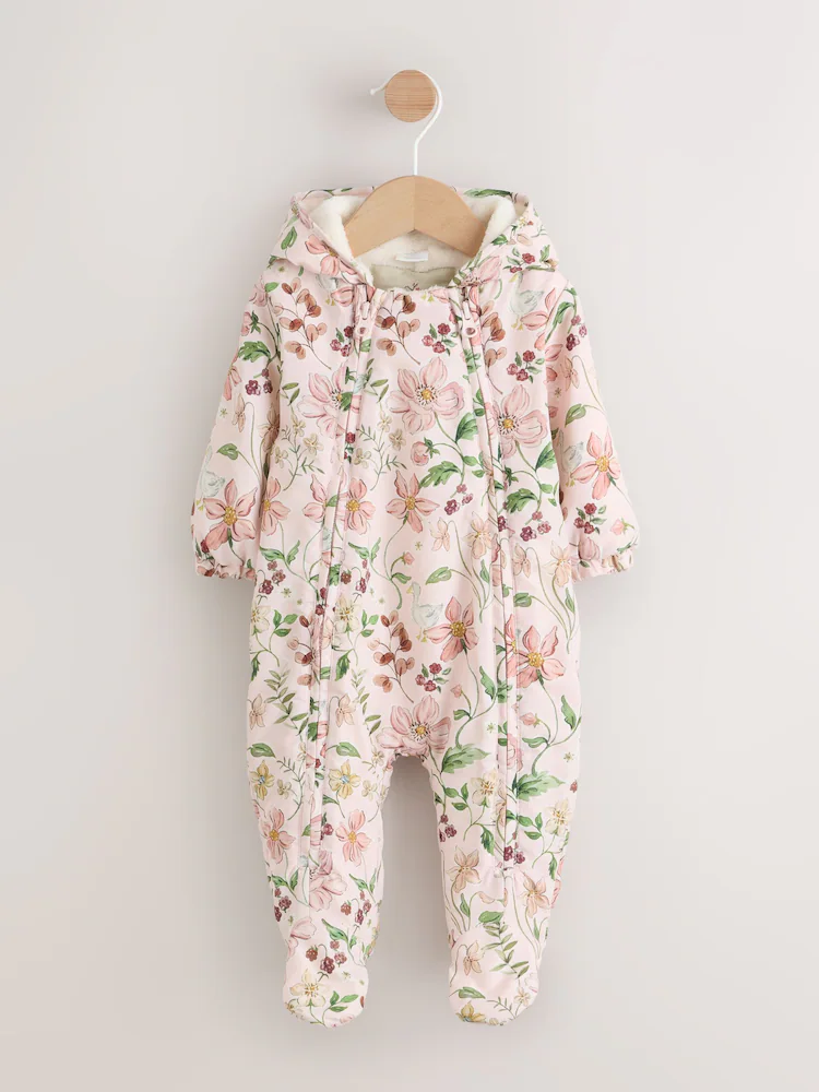 Pink Floral All-Over Printed Double Zip Baby Hooded Pramsuit
