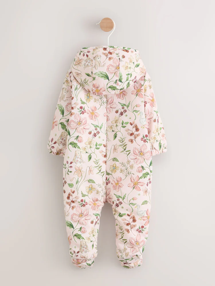 Pink Floral All-Over Printed Double Zip Baby Hooded Pramsuit - Image 2