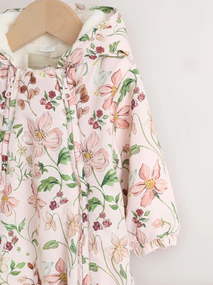 Pink Floral All-Over Printed Double Zip Baby Hooded Pramsuit - Image 3