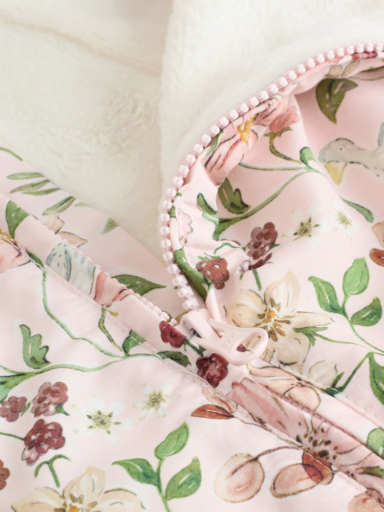 Pink Floral All-Over Printed Double Zip Baby Hooded Pramsuit - Image 4