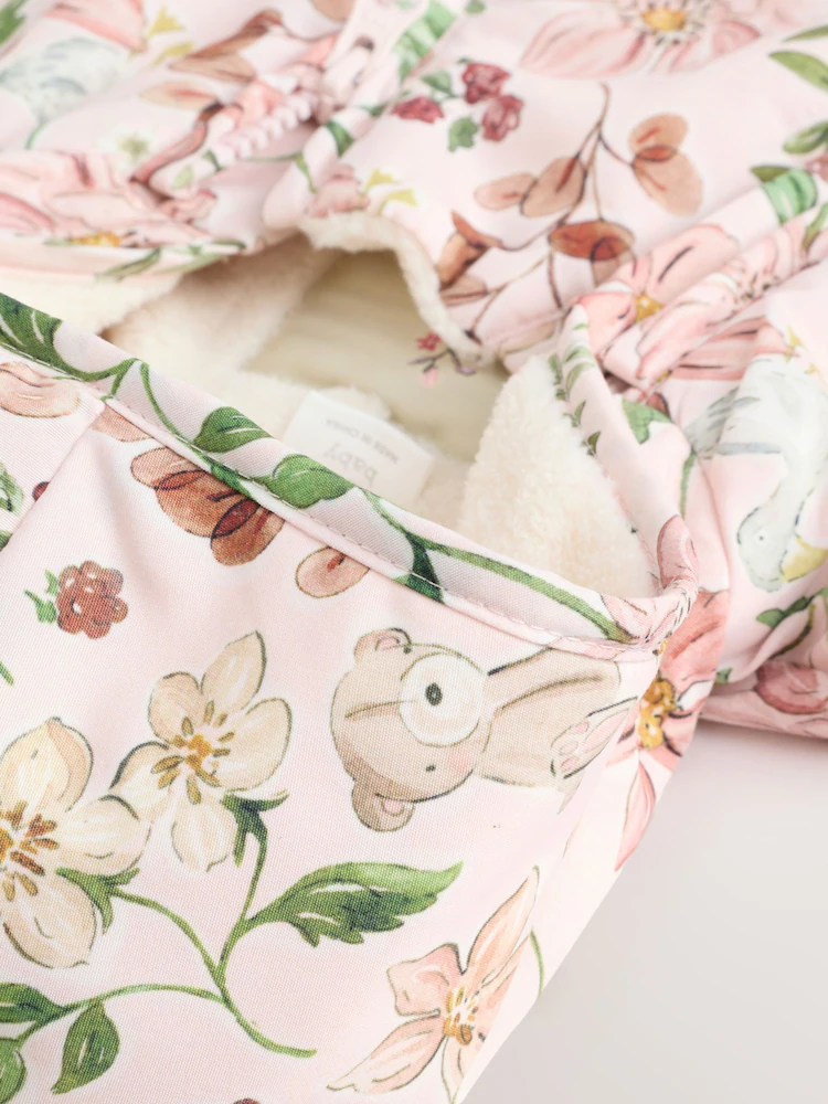 Pink Floral All-Over Printed Double Zip Baby Hooded Pramsuit - Image 5