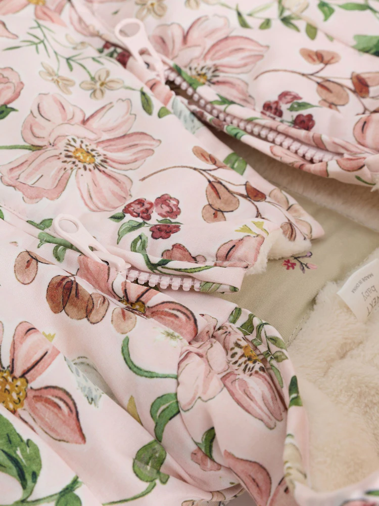 Pink Floral All-Over Printed Double Zip Baby Hooded Pramsuit - Image 6
