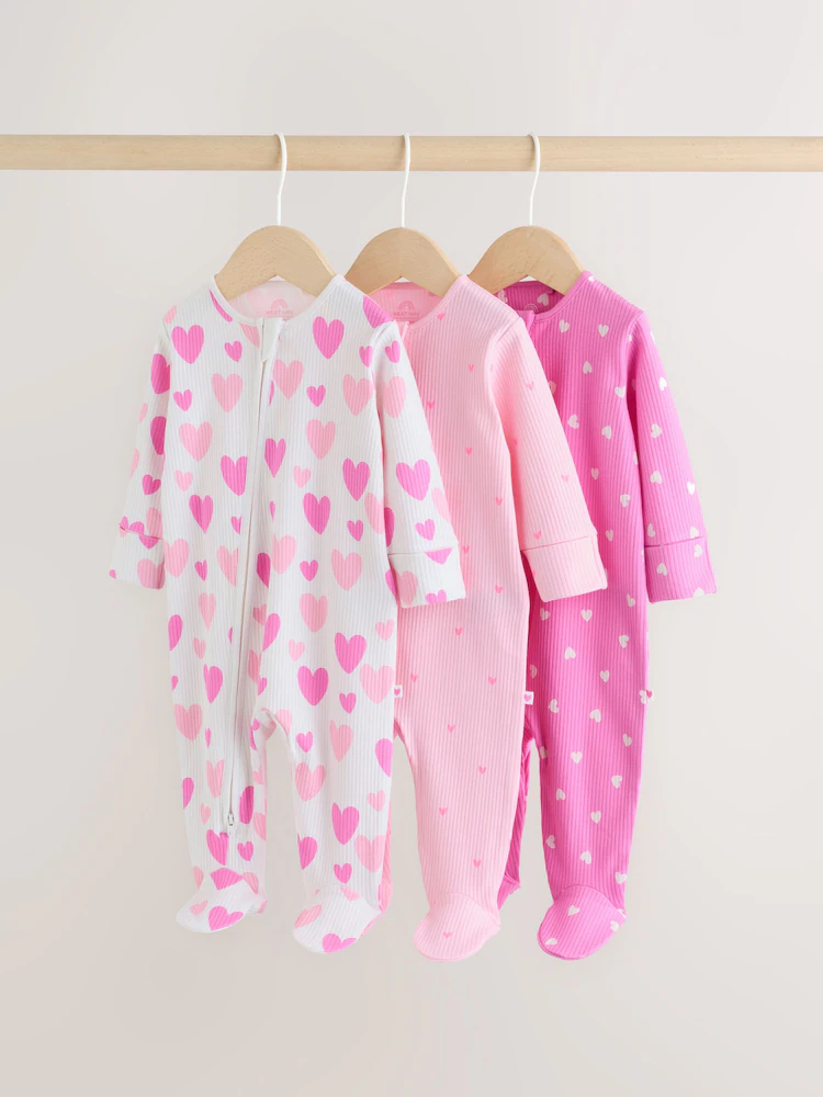 Pink 3 Pack Two-Way Zip Baby Sleepsuits