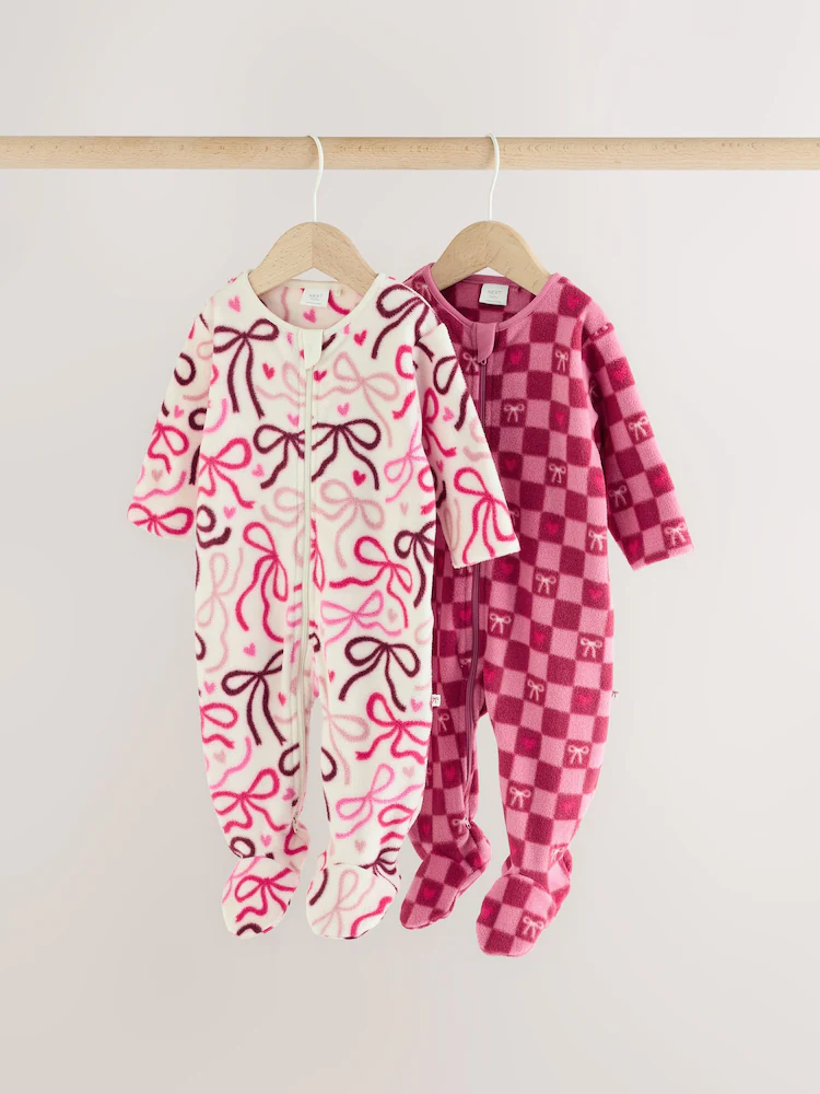 Pink/Red Bow Micro Fleece Two Way Zip Baby Sleepsuits