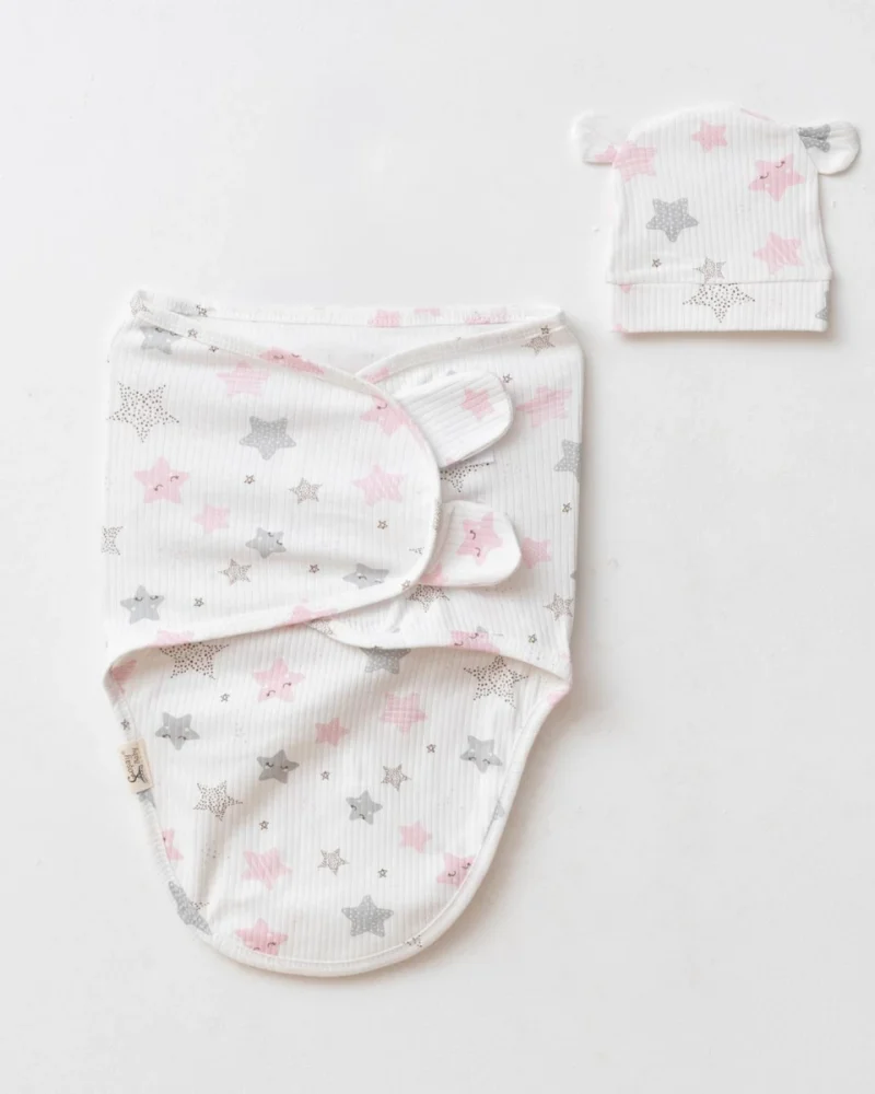 Pink & Grey Star Swaddle with Matching Hat