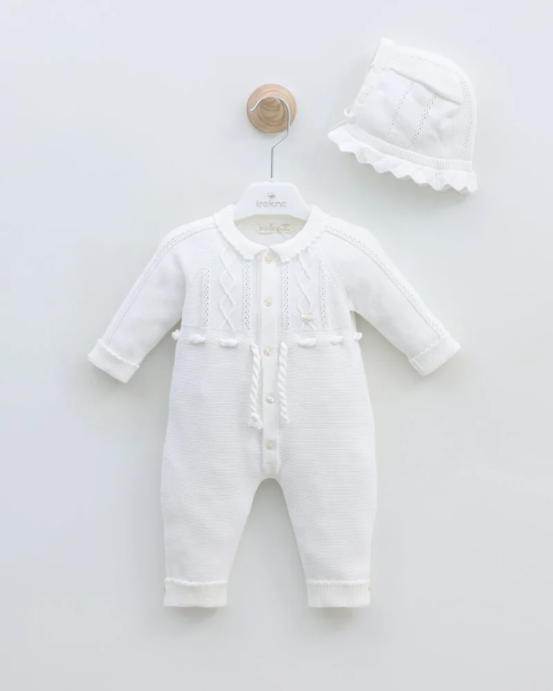 Elegant White Knitted Baby Girl Romper & Matching Bonnet Set