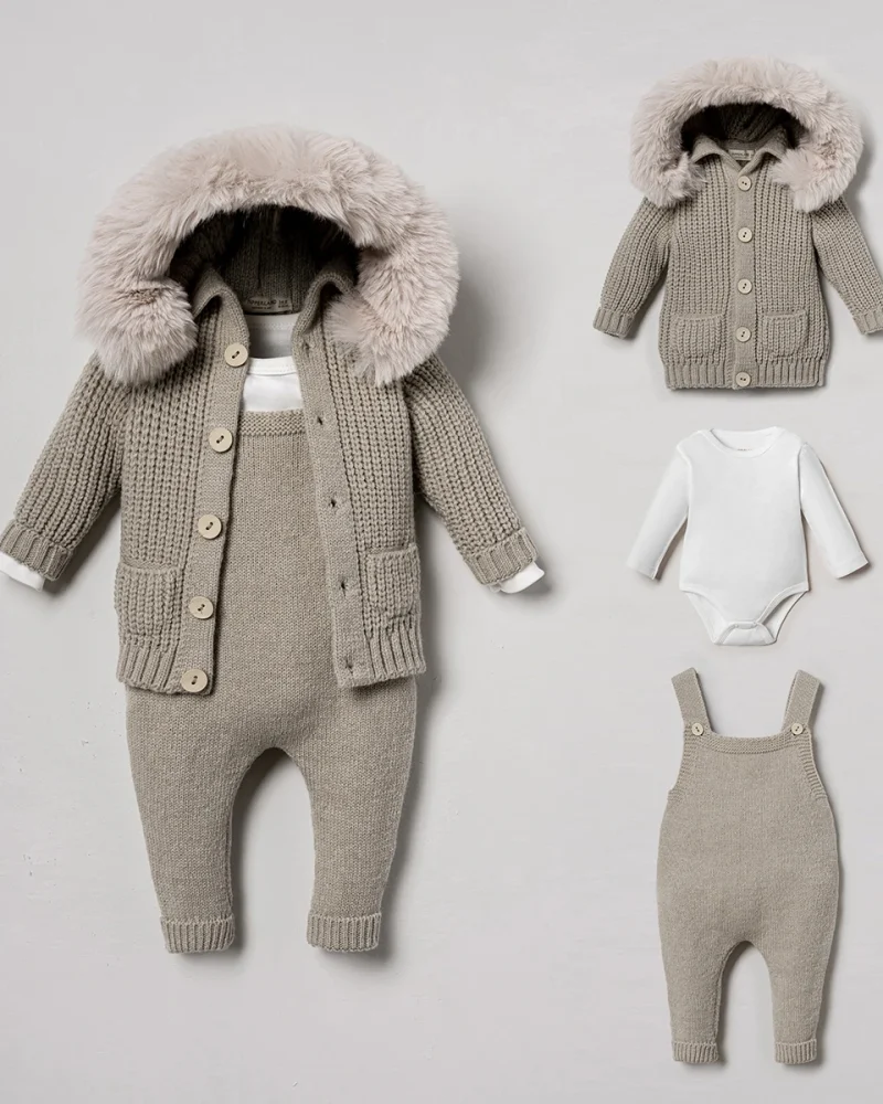 Taupe Fur-Hood Knit 3-Piece Set