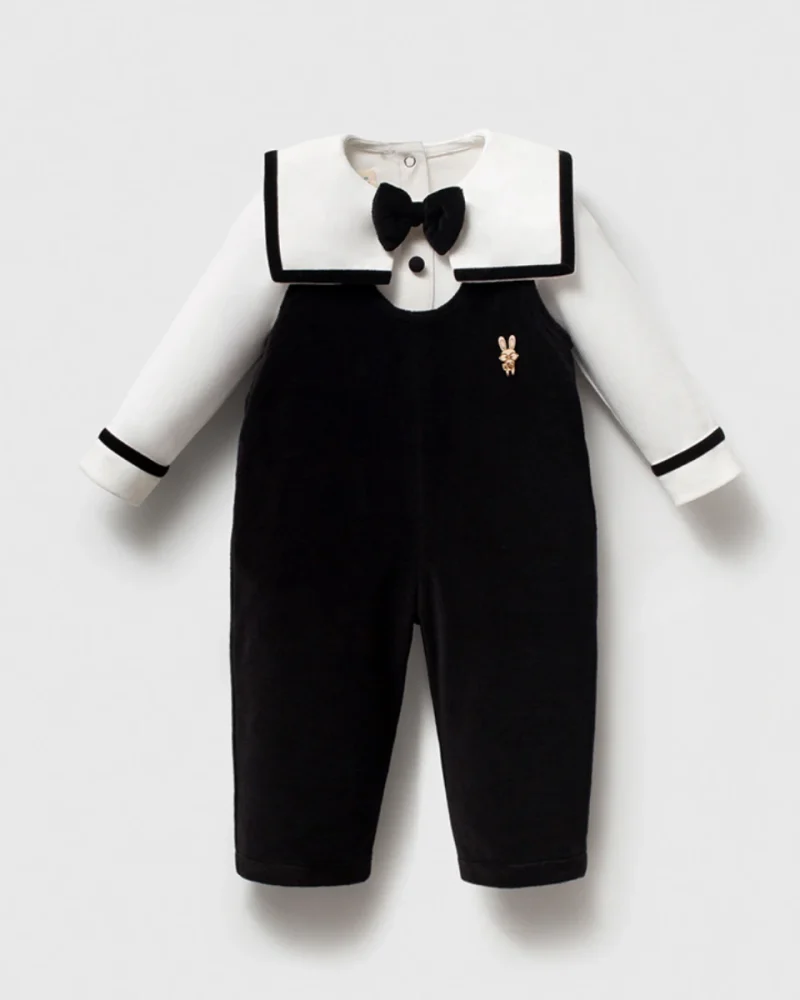 Black Bow-Tie Suspender Romper Set