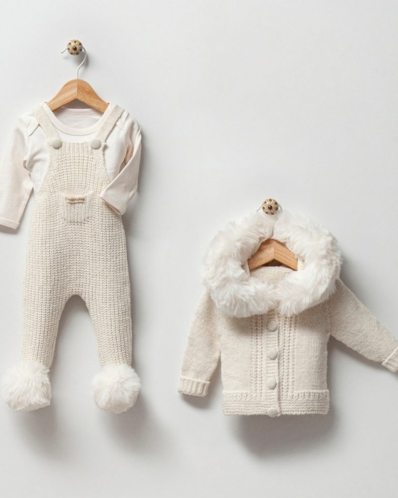 Ivory Fur-Trimmed Knit Overall & Cardigan Set