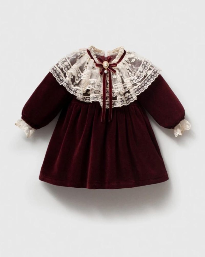 Burgundy Velvet Lace-Collar Baby Girl Dress