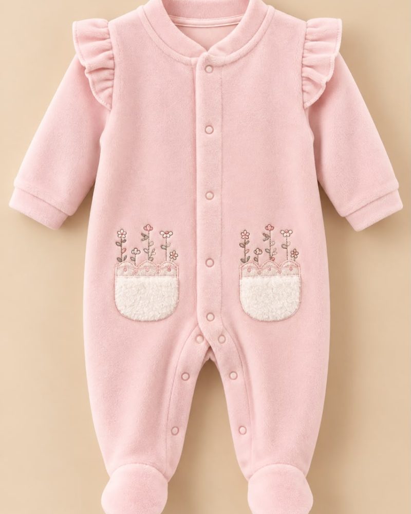 Pink Floral Pocket Ruffle Footed Baby Overall